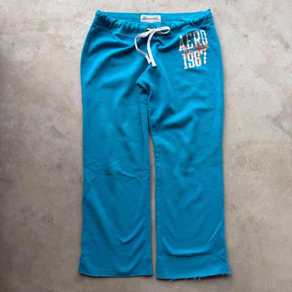 Aeropostale Y2K Turquoise Blue Wide Leg Sweatpants AERO 1987 Graphic Drawstring